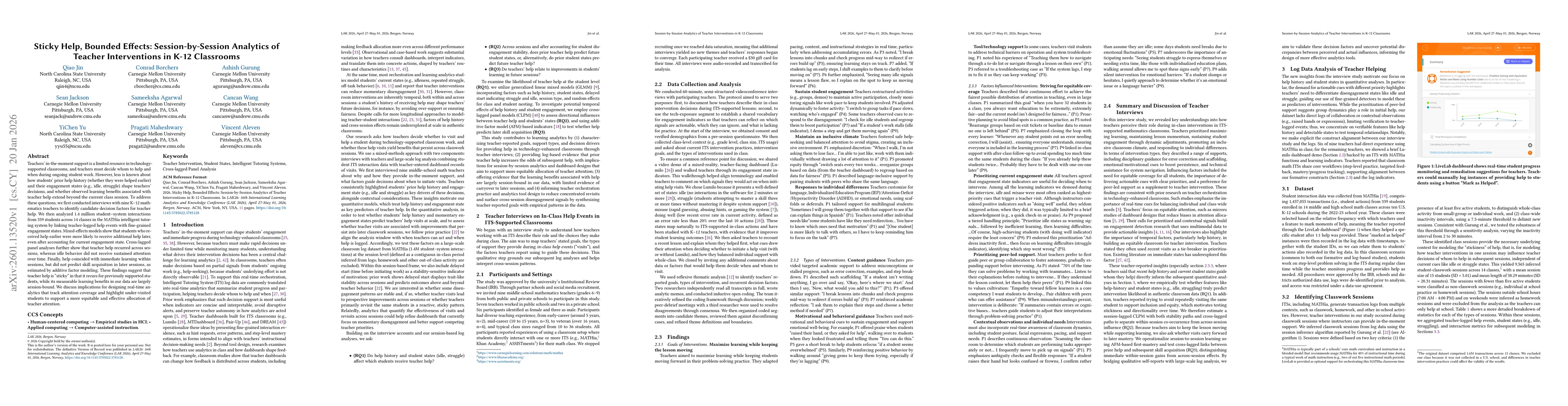 Thumbnail for Sticky Help, Bounded Effects: Session-by-Session Analytics of Teacher Interventions in K-12 Classrooms