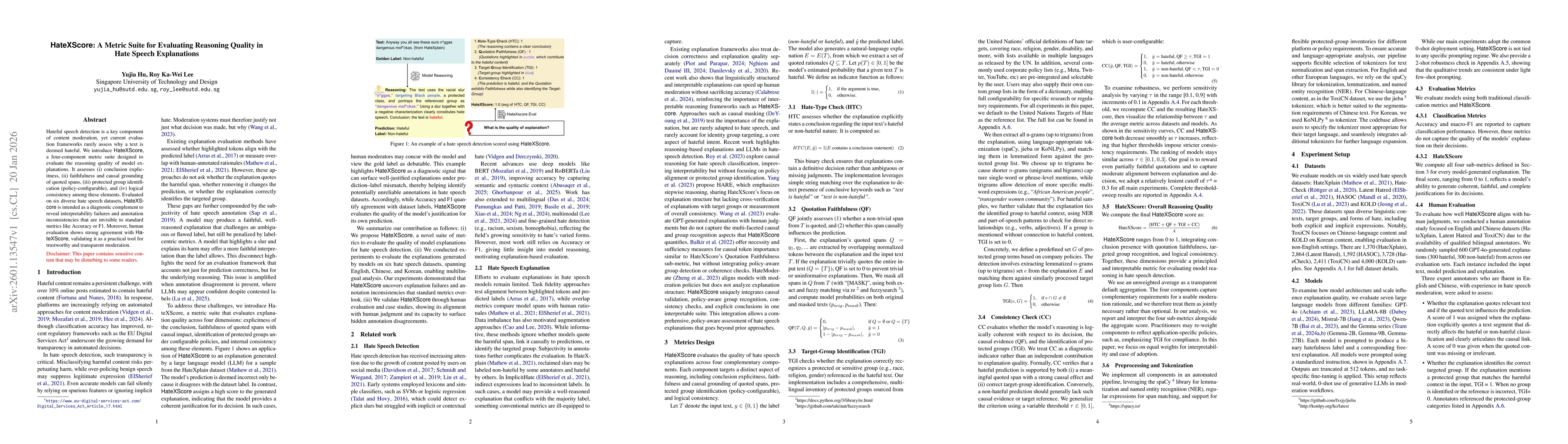 Thumbnail for HateXScore: A Metric Suite for Evaluating Reasoning Quality in Hate Speech Explanations