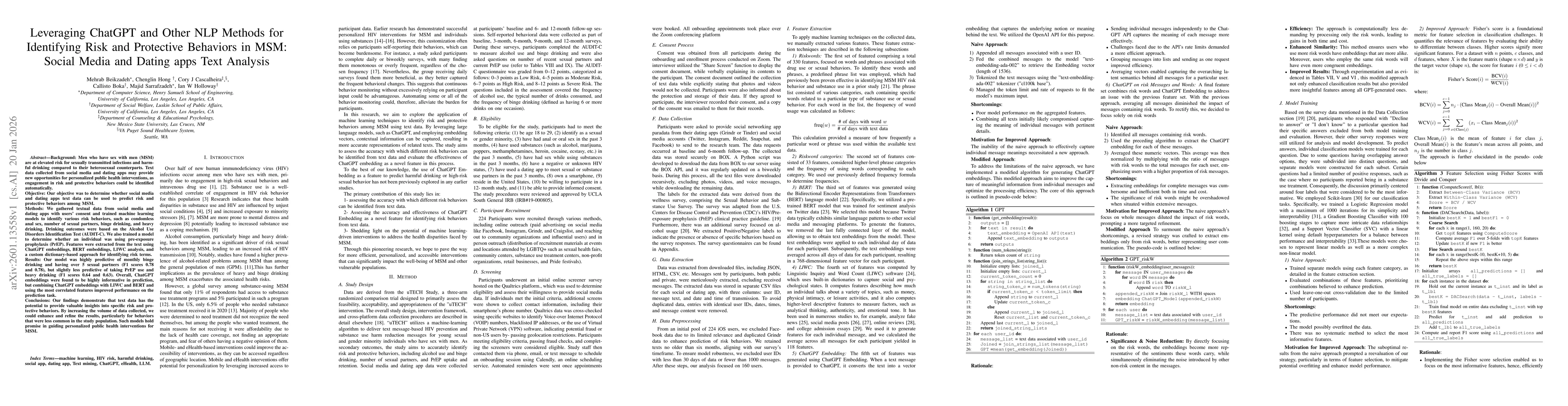 Thumbnail for Leveraging ChatGPT and Other NLP Methods for Identifying Risk and Protective Behaviors in MSM: Social Media and Dating apps Text Analysis
