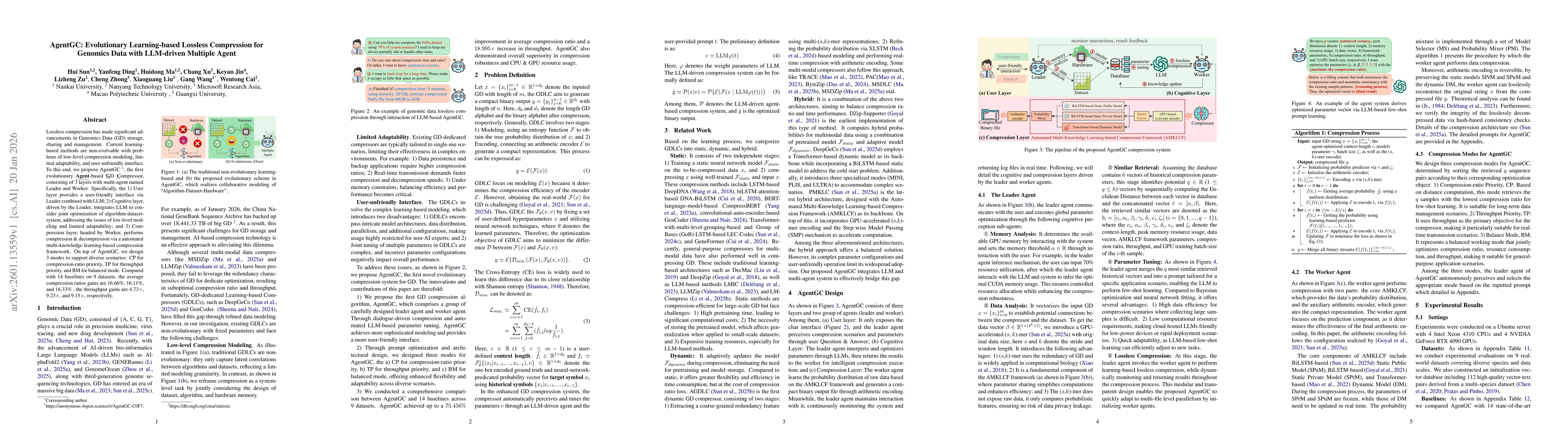 Thumbnail for AgentGC: Evolutionary Learning-based Lossless Compression for Genomics Data with LLM-driven Multiple Agent