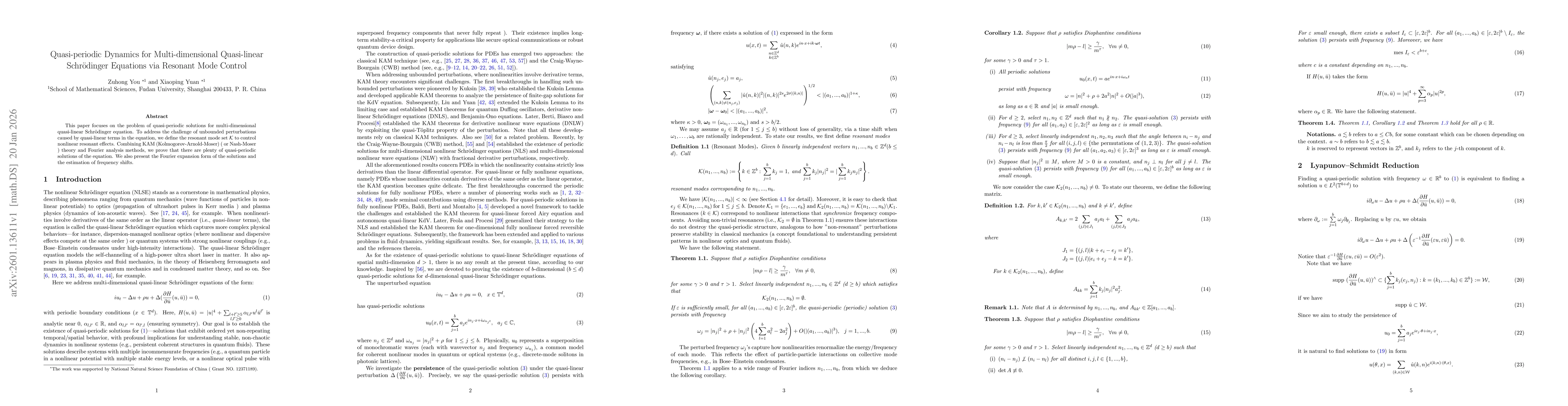Thumbnail for Quasi-periodic Dynamics for Multi-dimensional Quasi-linear Schrödinger Equations via Resonant Mode Control
