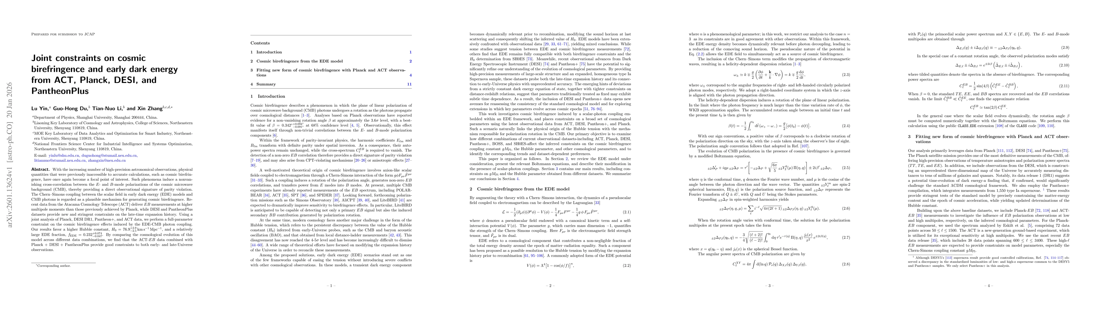 Thumbnail for Joint constraints on cosmic birefringence and early dark energy from ACT, Planck, DESI, and PantheonPlus