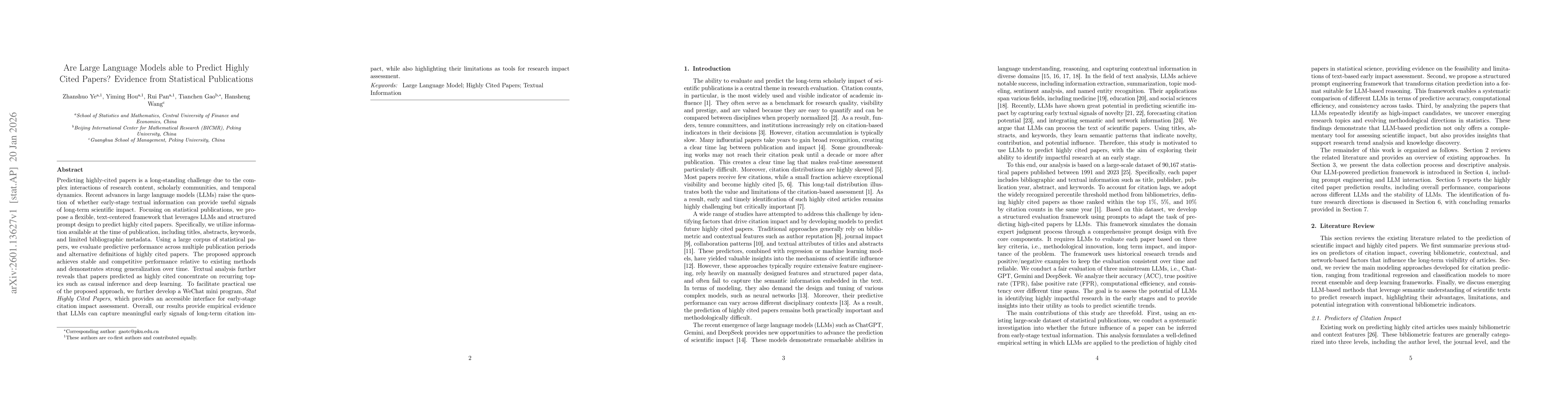 Thumbnail for Are Large Language Models able to Predict Highly Cited Papers? Evidence from Statistical Publications
