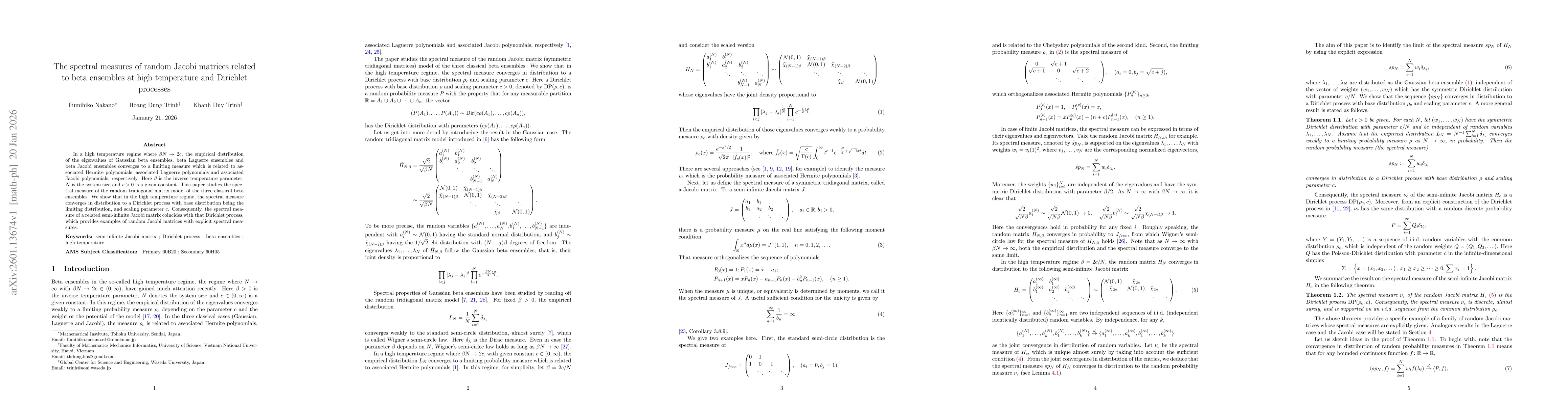 Thumbnail for The spectral measures of random Jacobi matrices related to beta ensembles at high temperature and Dirichlet processes