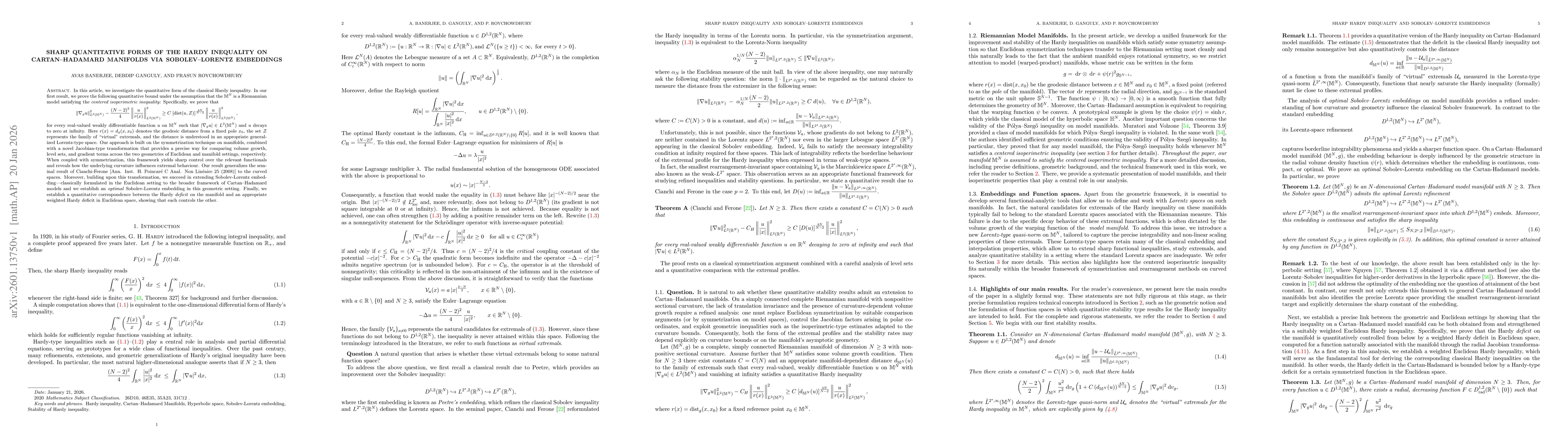 Thumbnail for Sharp Quantitative Forms of the Hardy Inequality on Cartan-Hadamard Manifolds via Sobolev-Lorentz Embeddings
