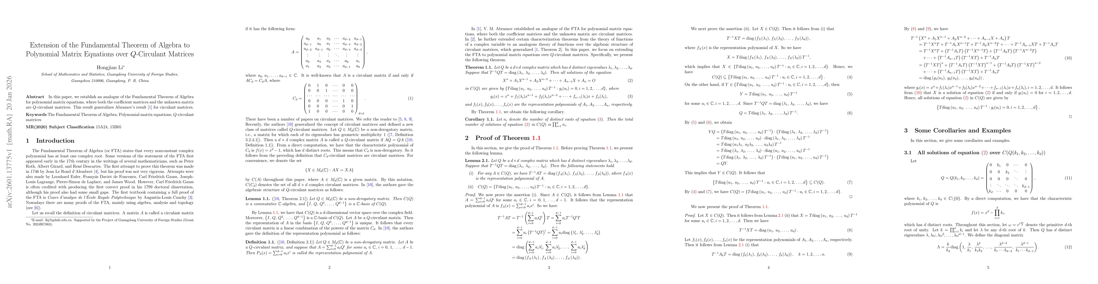 Thumbnail for Extension of the Fundamental Theorem of Algebra to Polynomial Matrix Equations over $Q$-Circulant Matrices
