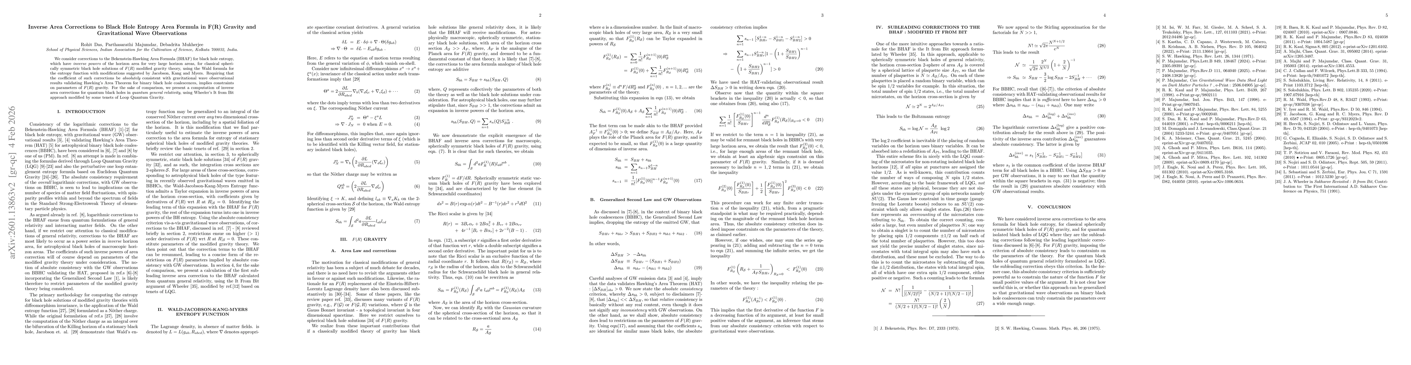 Thumbnail for Inverse Area Corrections to Black Hole Entropy Area Formula in F(R) Gravity and Gravitational Wave Observations