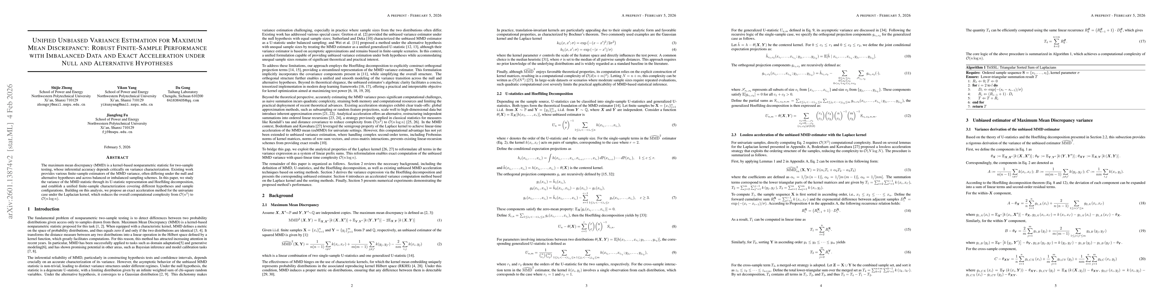Thumbnail for Unified Unbiased Variance Estimation for MMD: Robust Finite-Sample Performance with Imbalanced Data and Exact Acceleration under Null and Alternative Hypotheses