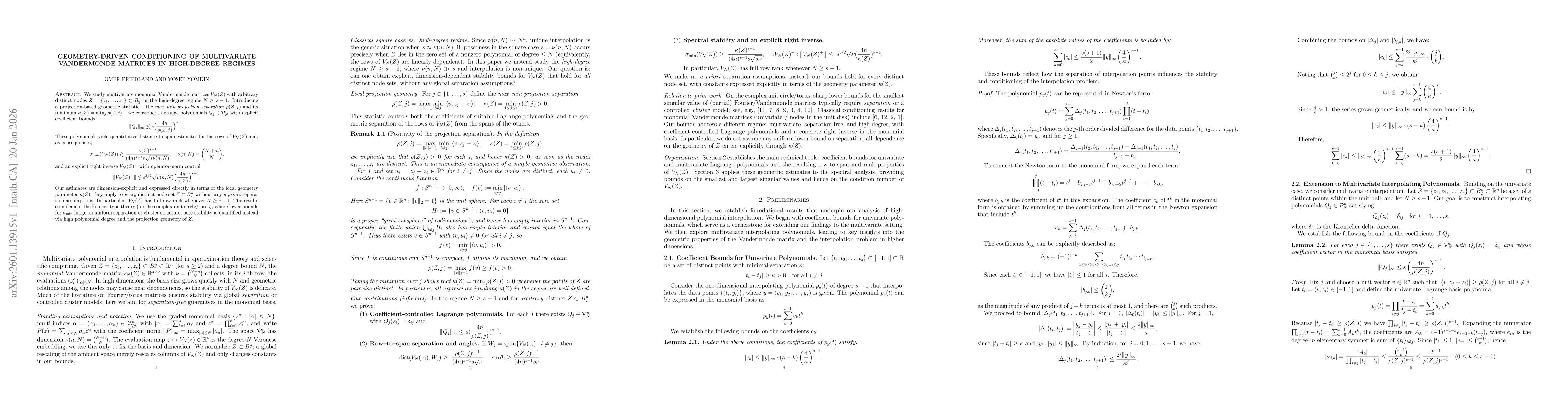 Thumbnail for Geometry-Driven Conditioning of Multivariate Vandermonde Matrices in High-Degree Regimes
