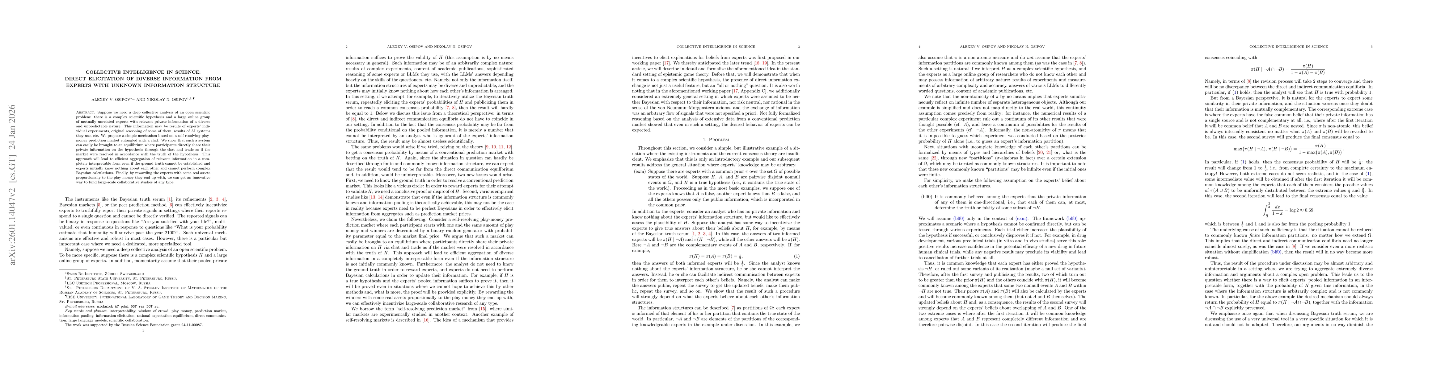 Thumbnail for Collective intelligence in science: direct elicitation of diverse information from experts with unknown information structure