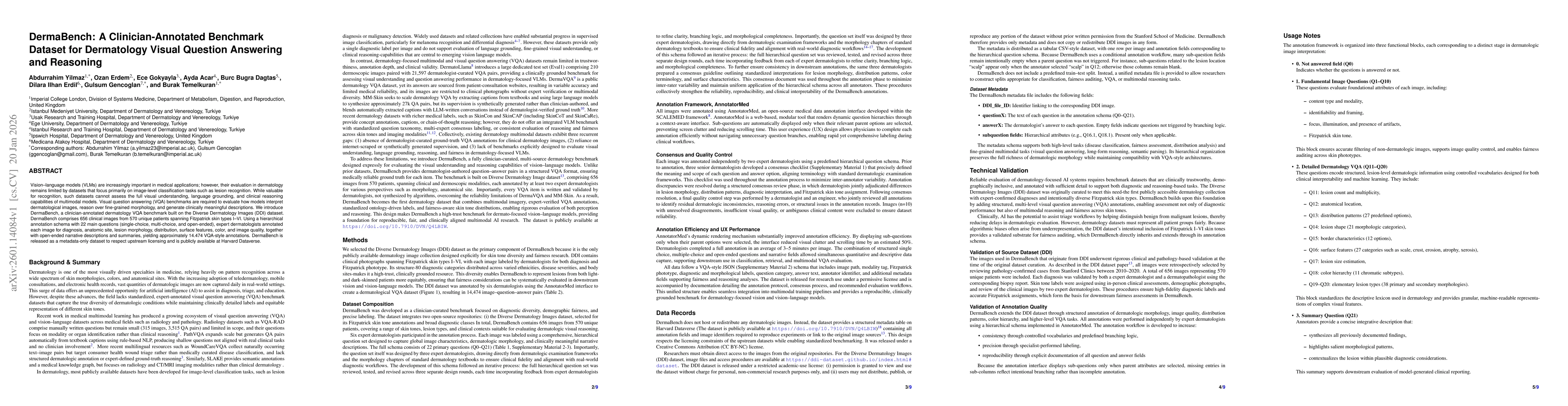 Thumbnail for DermaBench: A Clinician-Annotated Benchmark Dataset for Dermatology Visual Question Answering and Reasoning