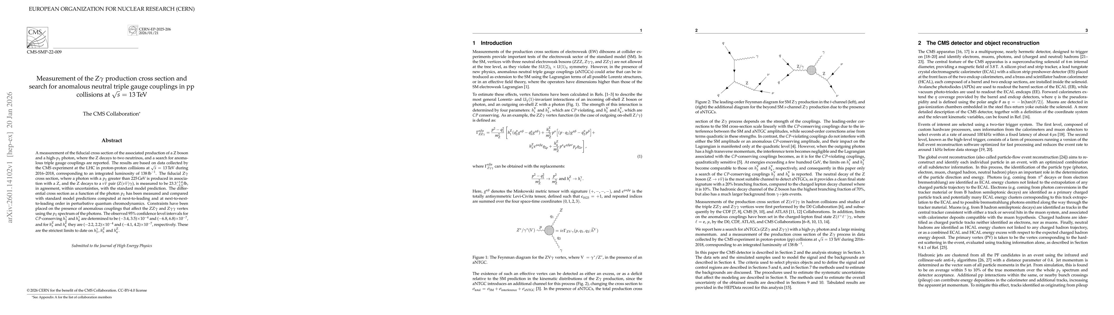 Thumbnail for Measurement of the Z$γ$ production cross section and search for anomalous neutral triple gauge couplings in pp collisions at $\sqrt{s}$ = 13 TeV