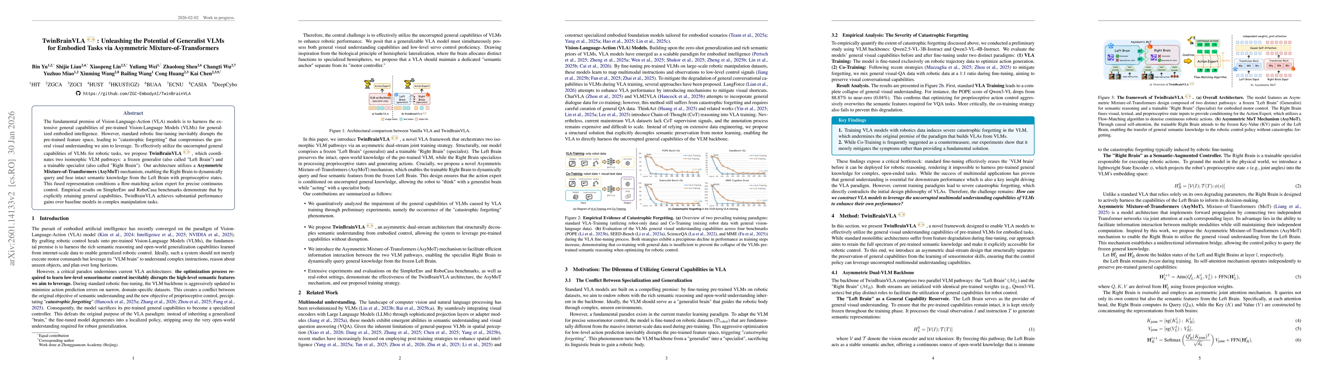 Thumbnail for TwinBrainVLA: Unleashing the Potential of Generalist VLMs for Embodied Tasks via Asymmetric Mixture-of-Transformers