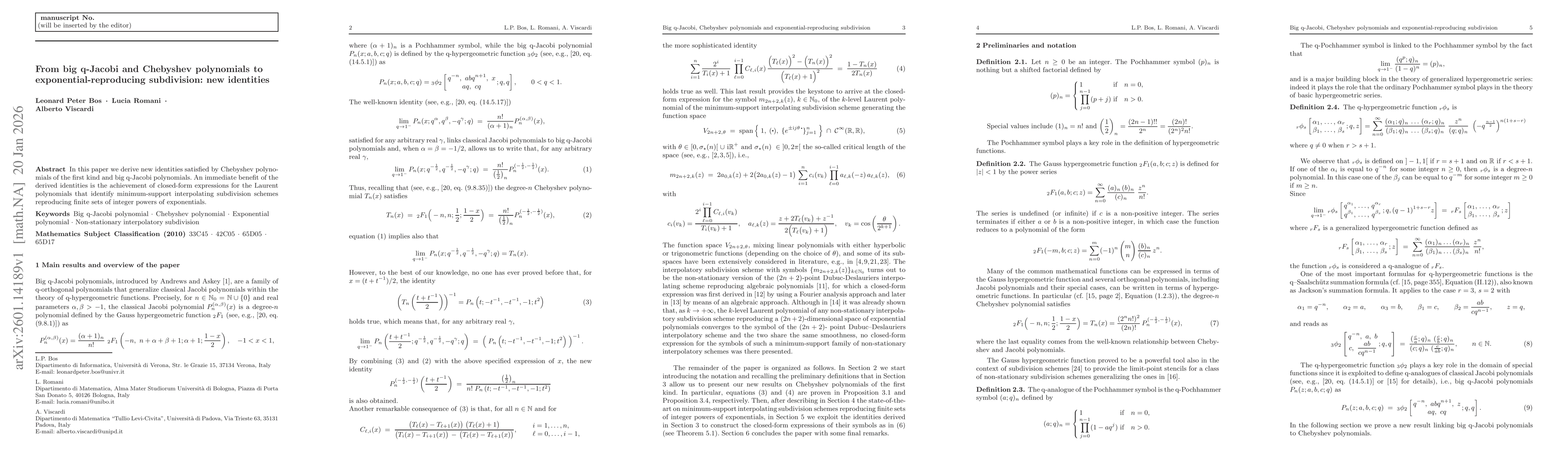 Thumbnail for From big q-Jacobi and Chebyshev polynomials to exponential-reproducing subdivision: new identities