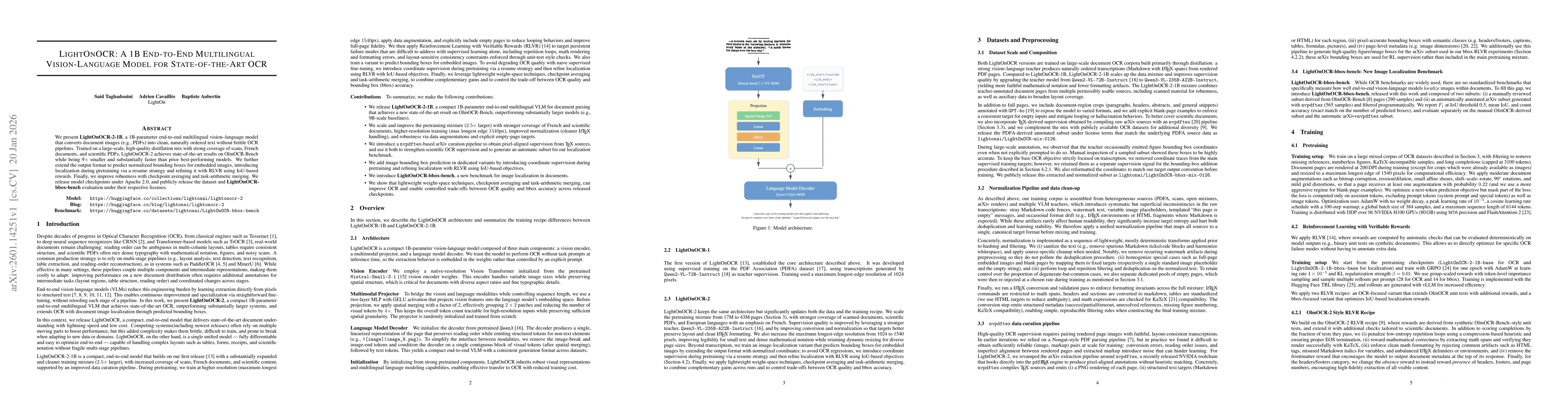 Thumbnail for LightOnOCR: A 1B End-to-End Multilingual Vision-Language Model for State-of-the-Art OCR