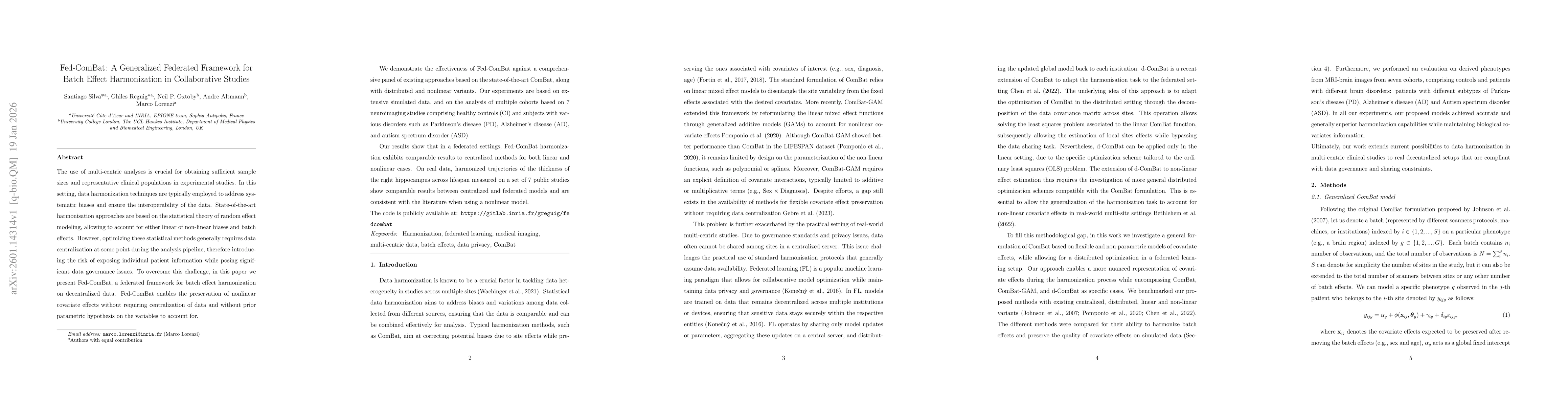 Thumbnail for Fed-ComBat: A Generalized Federated Framework for Batch Effect Harmonization in Collaborative Studies