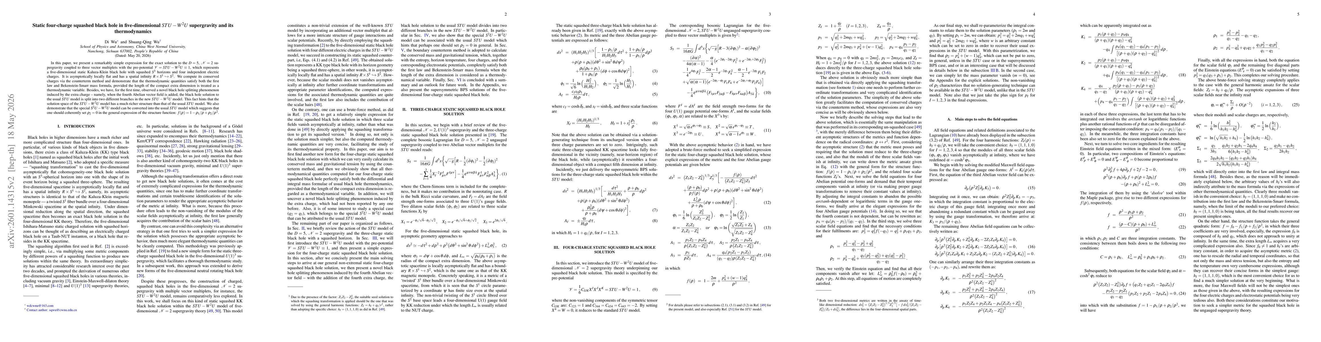 Thumbnail for Static four-charge squashed black hole in five-dimensional $STU-W^2U$ supergravity and its thermodynamics
