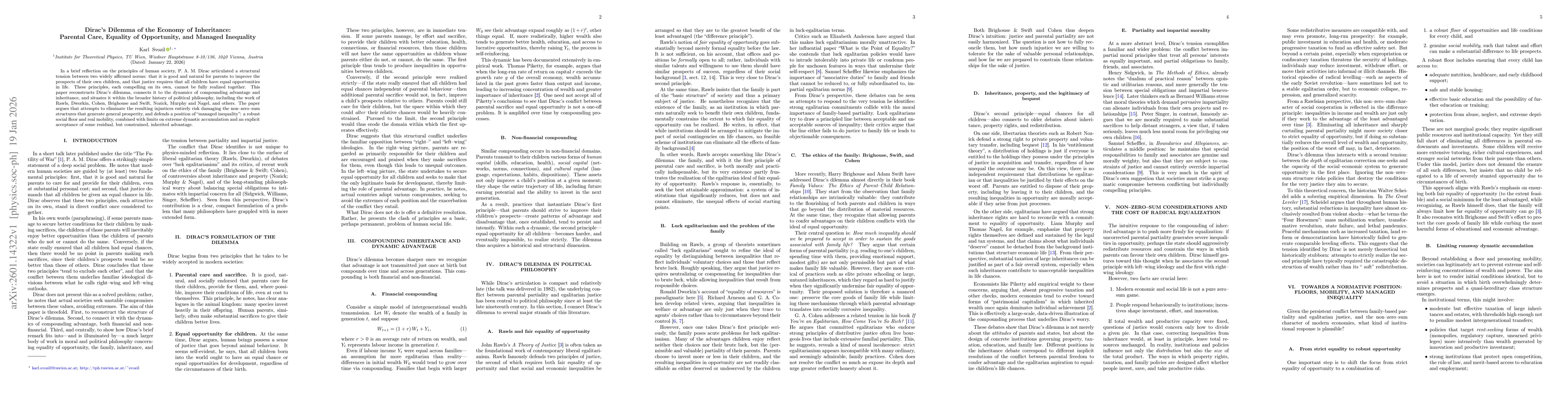 Thumbnail for Dirac's Dilemma of the Economy of Inheritance: Parental Care, Equality of Opportunity, and Managed Inequality