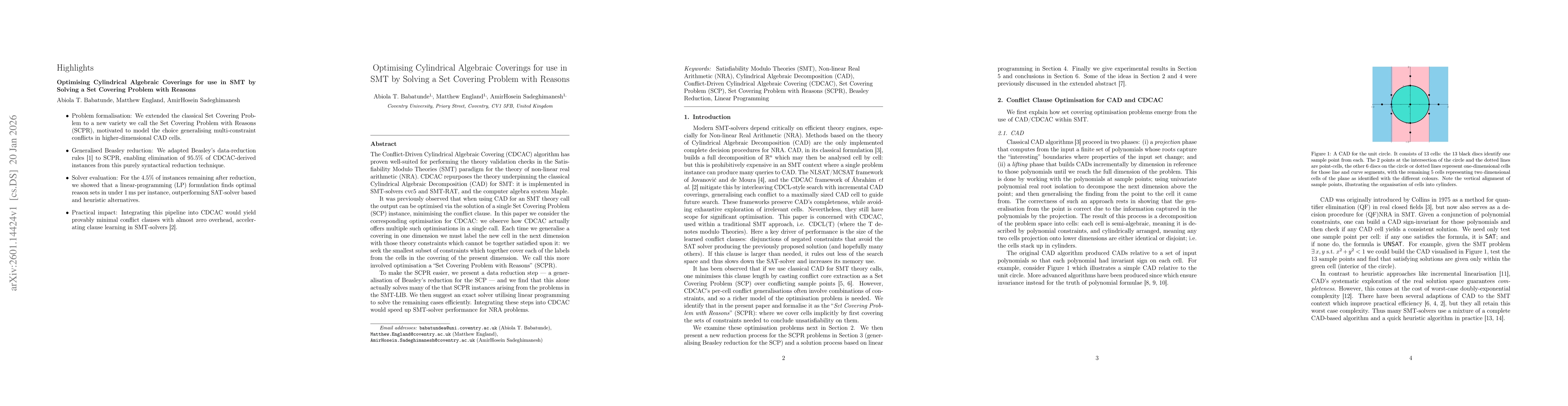 Thumbnail for Optimising Cylindrical Algebraic Coverings for use in SMT by Solving a Set Covering Problem with Reasons