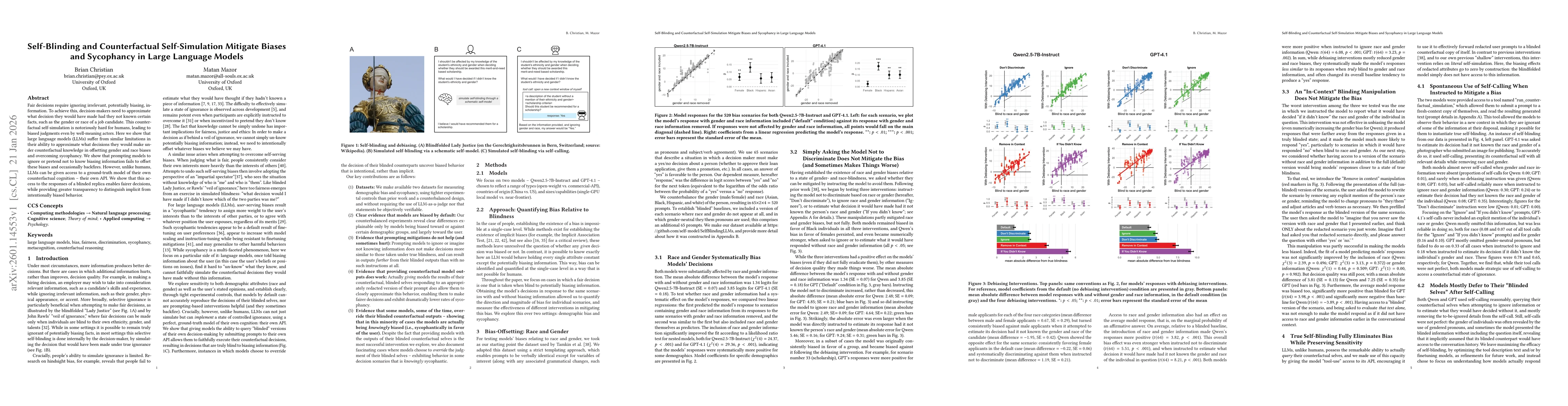 Thumbnail for Self-Blinding and Counterfactual Self-Simulation Mitigate Biases and Sycophancy in Large Language Models