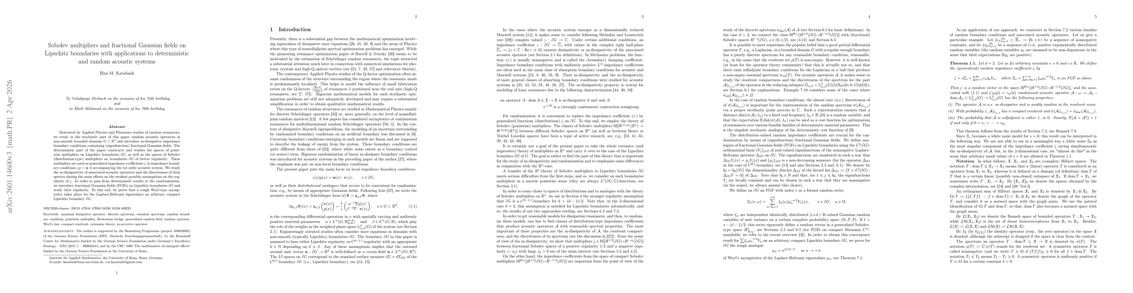 Thumbnail for Sobolev multipliers and fractional Gaussian fields on Lipschitz boundaries with applications to deterministic and random acoustic systems
