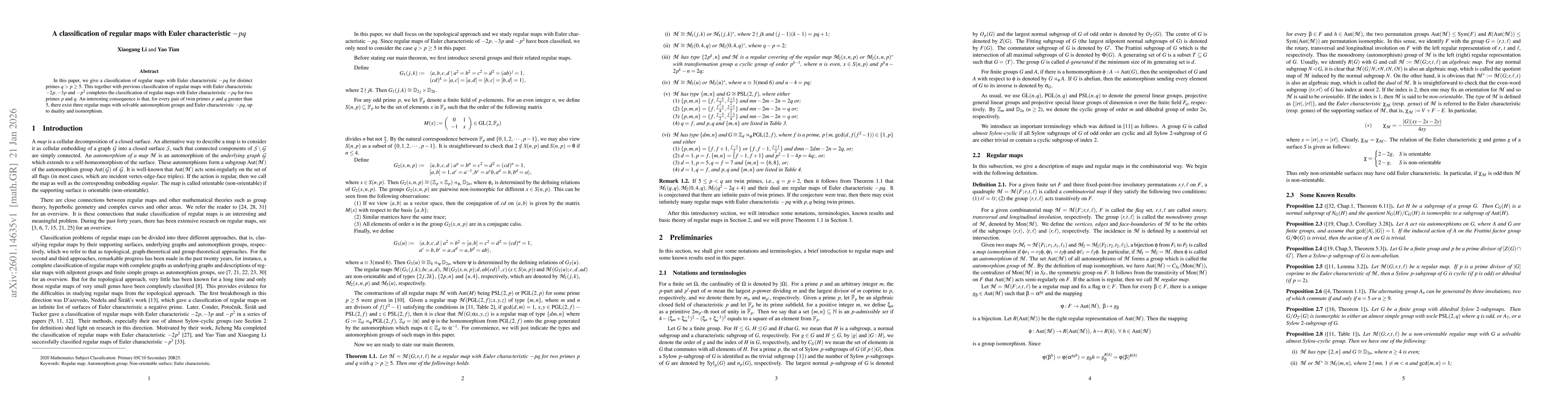 Thumbnail for A classification of regular maps with Euler characteristic $-pq$