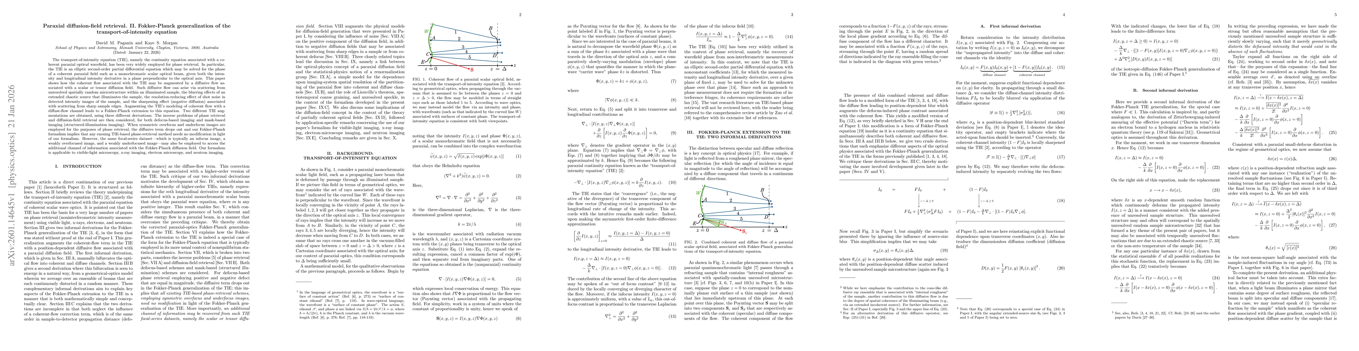 Thumbnail for Paraxial diffusion-field retrieval. II. Fokker-Planck generalization of the transport-of-intensity equation
