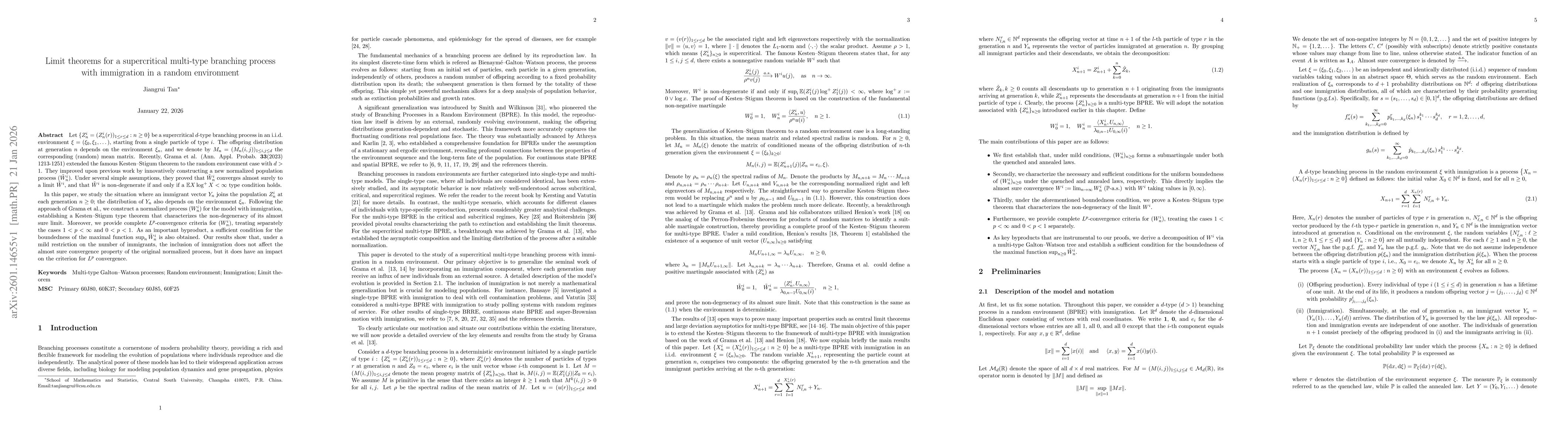 Thumbnail for Limit theorems for a supercritical multi-type branching process with immigration in a random environment