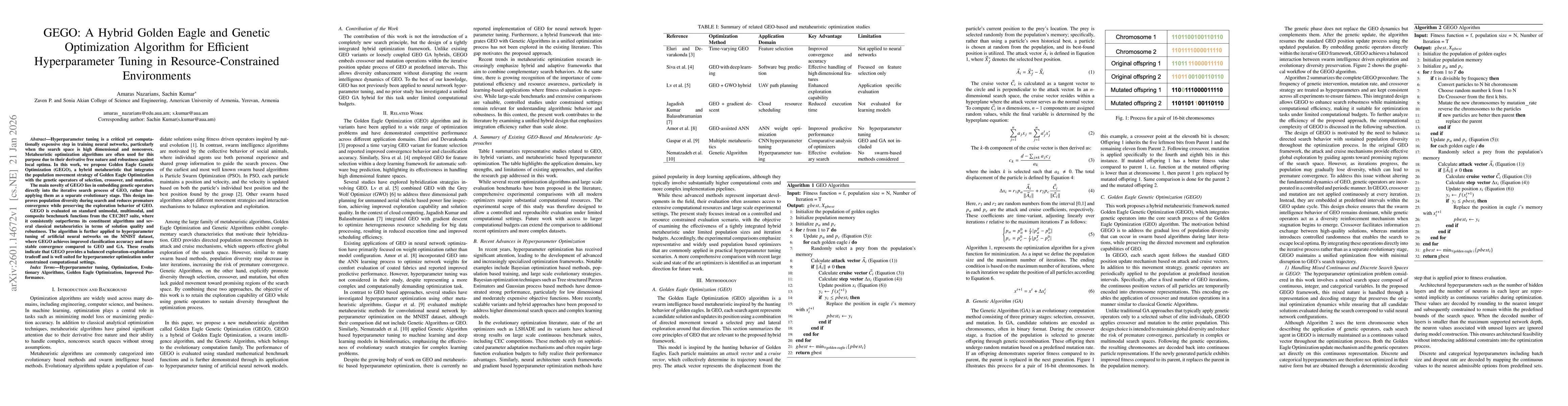 Thumbnail for GEGO: A Hybrid Golden Eagle and Genetic Optimization Algorithm for Efficient Hyperparameter Tuning in Resource-Constrained Environments