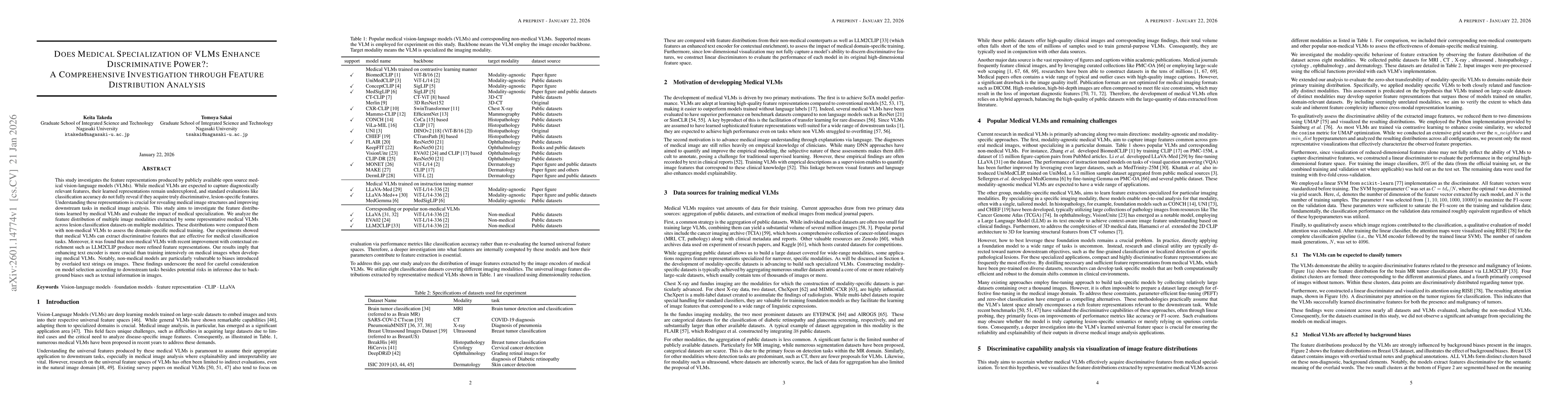 Thumbnail for Does medical specialization of VLMs enhance discriminative power?: A comprehensive investigation through feature distribution analysis