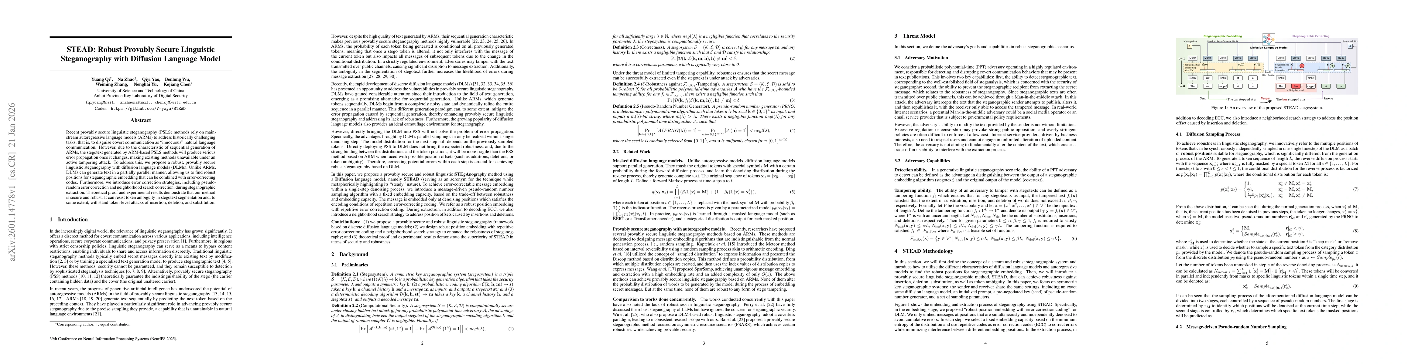 Thumbnail for STEAD: Robust Provably Secure Linguistic Steganography with Diffusion Language Model
