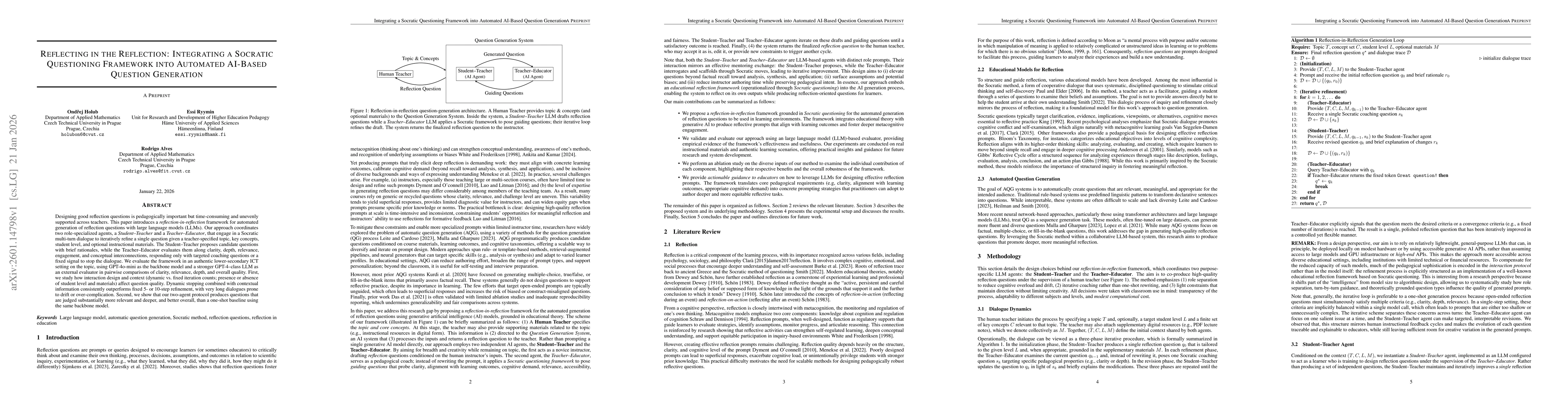 Thumbnail for Reflecting in the Reflection: Integrating a Socratic Questioning Framework into Automated AI-Based Question Generation
