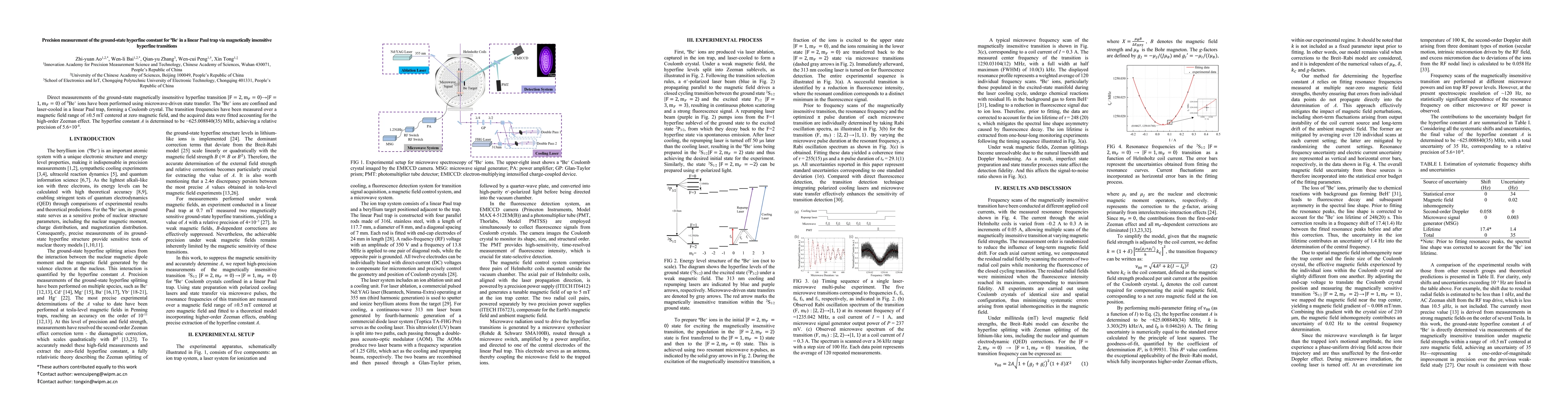 Thumbnail for Precision measurement of the ground-state hyperfine constant for $^9Be^+$ in a linear Paul trap via magnetically insensitive hyperfine transitions