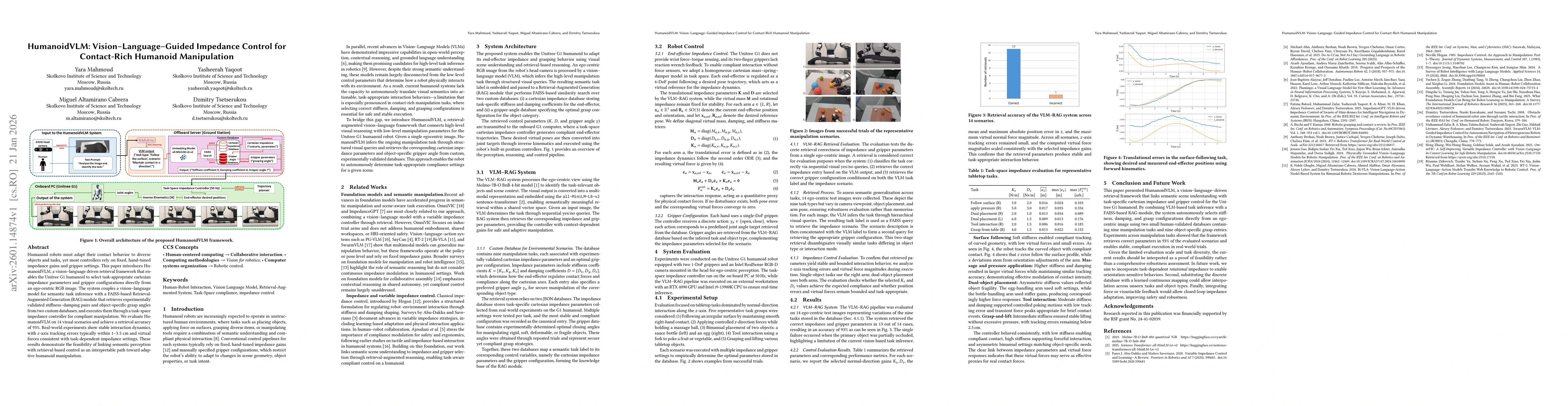 Thumbnail for HumanoidVLM: Vision-Language-Guided Impedance Control for Contact-Rich Humanoid Manipulation