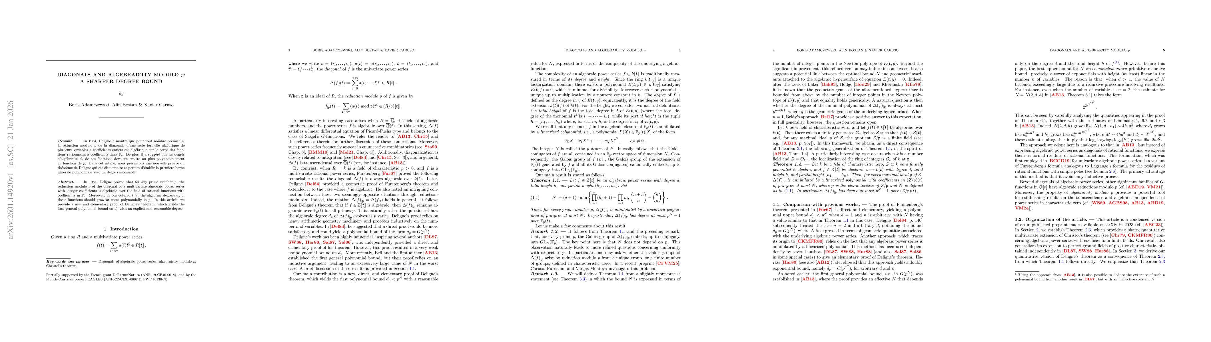 Thumbnail for Diagonals and algebraicity modulo $p$: a sharper degree bound