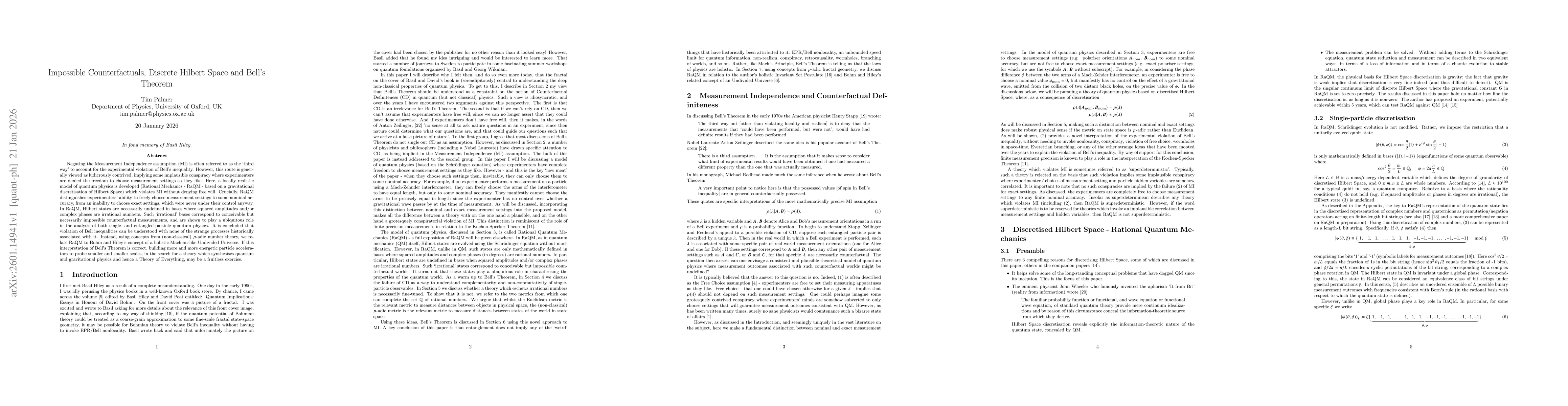 Thumbnail for Impossible Counterfactuals, Discrete Hilbert Space and Bell's Theorem