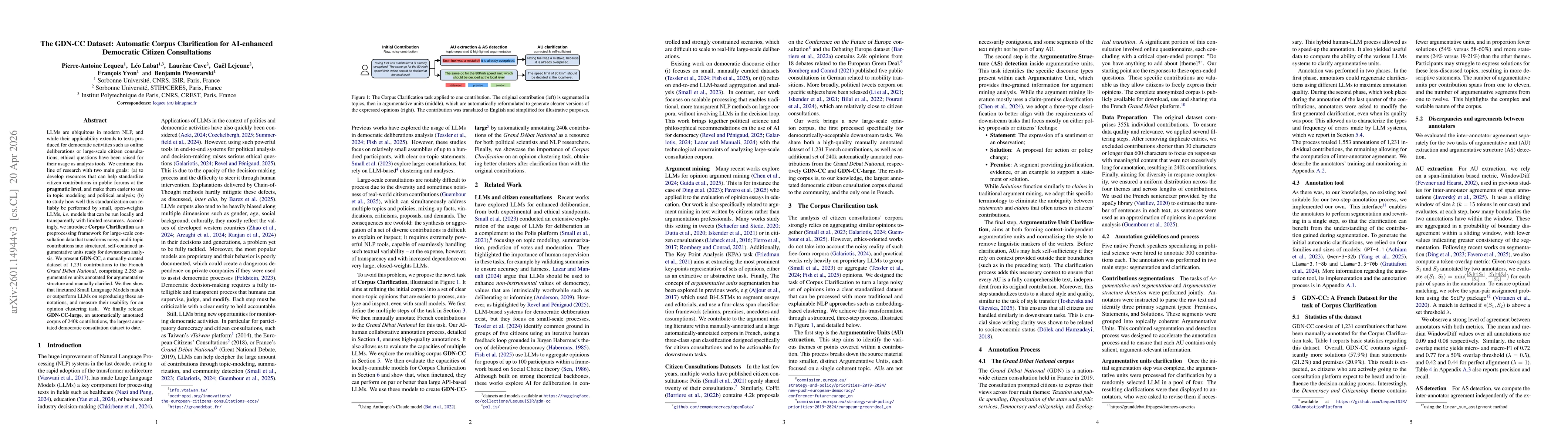Thumbnail for The GDN-CC Dataset: Automatic Corpus Clarification for AI-enhanced Democratic Citizen Consultations