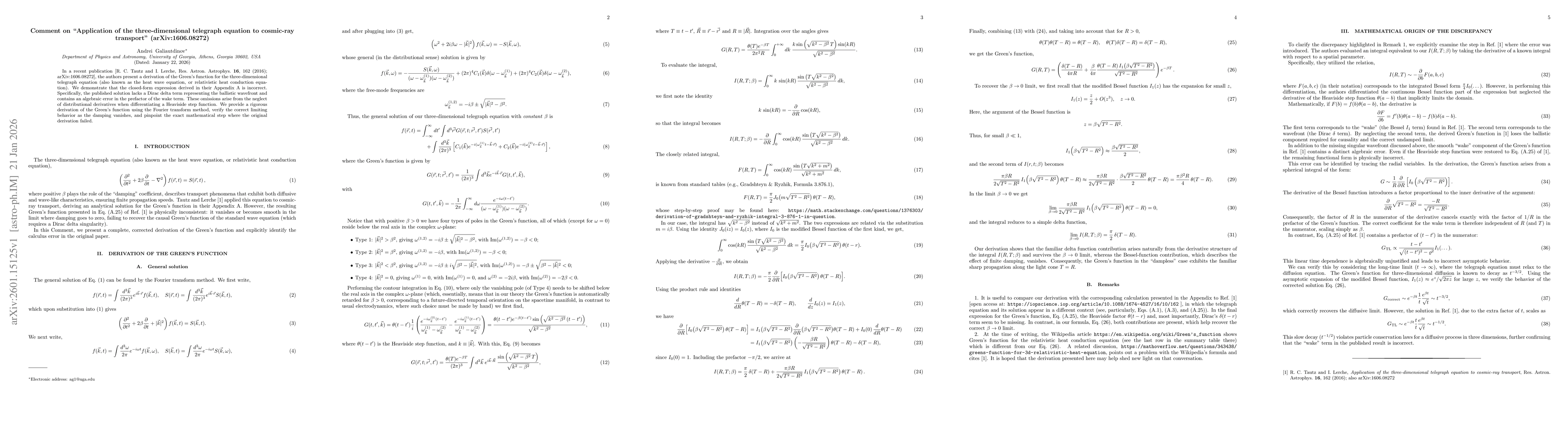 Thumbnail for Comment on "Application of the three-dimensional telegraph equation to cosmic-ray transport" (arXiv:1606.08272)