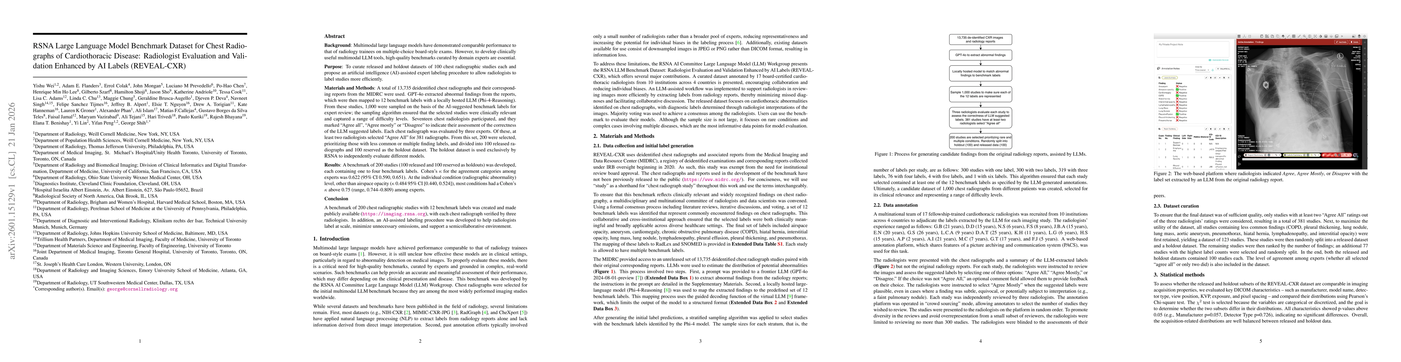 Thumbnail for RSNA Large Language Model Benchmark Dataset for Chest Radiographs of Cardiothoracic Disease: Radiologist Evaluation and Validation Enhanced by AI Labels (REVEAL-CXR)