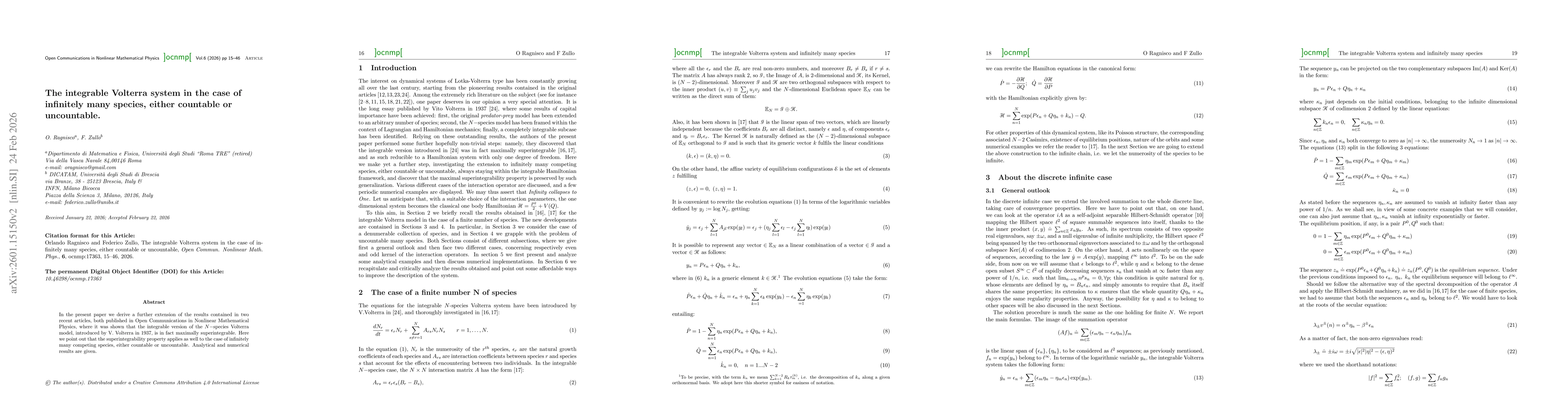 Thumbnail for The integrable Volterra system in the case of infinitely manyspecies, either countable or uncountable