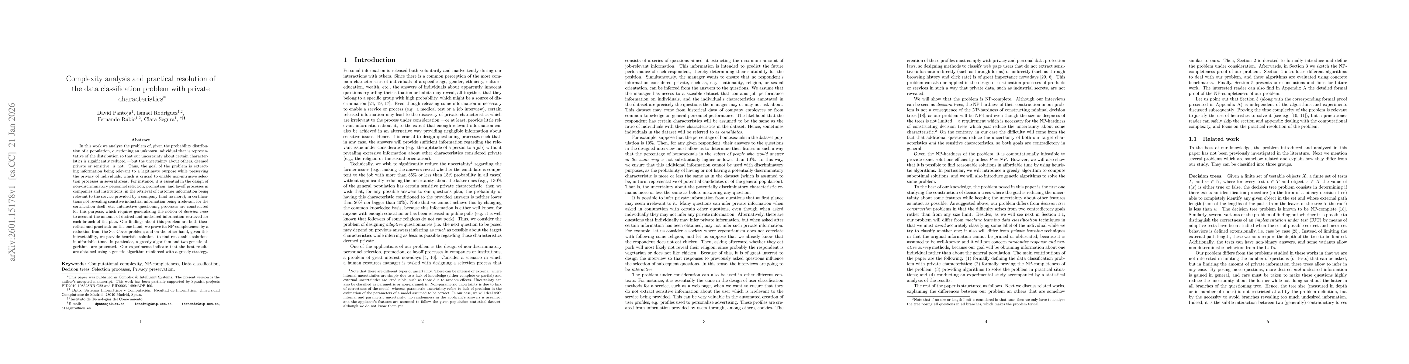 Thumbnail for Complexity analysis and practical resolution of the data classification problem with private characteristics
