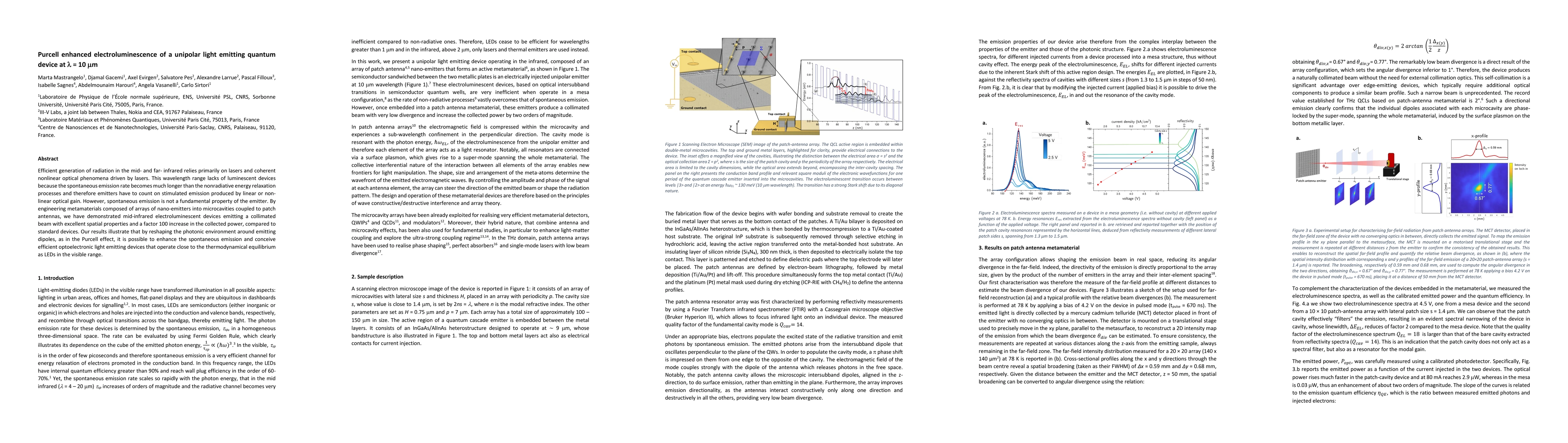 Thumbnail for Purcell enhanced electroluminescence of a unipolar light emitting quantum device at 10 micron