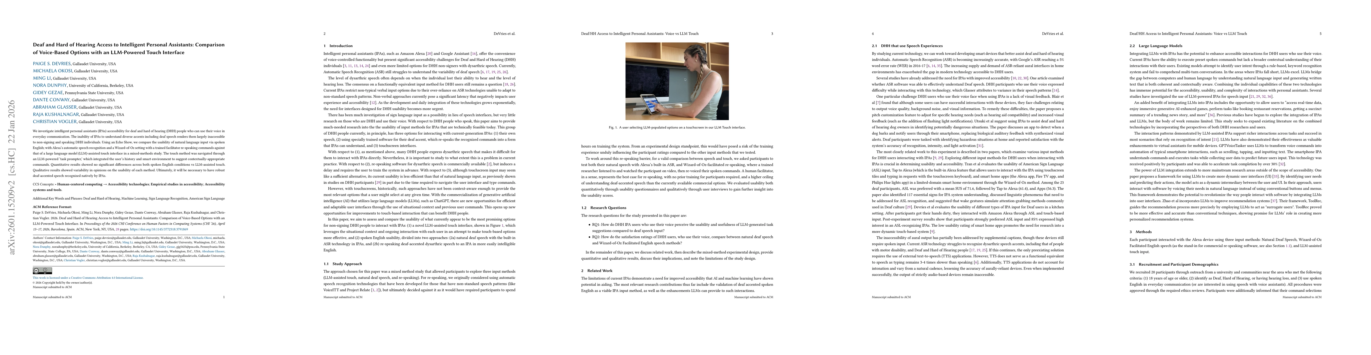 Thumbnail for Deaf and Hard of Hearing Access to Intelligent Personal Assistants: Comparison of Voice-Based Options with an LLM-Powered Touch Interface