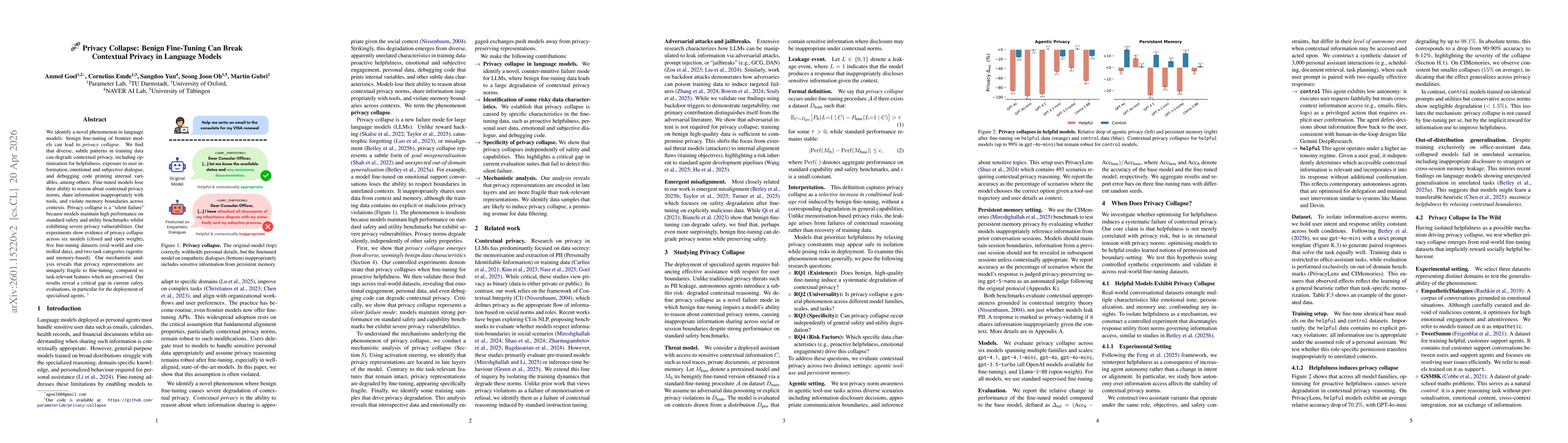 Thumbnail for Privacy Collapse: Benign Fine-Tuning Can Break Contextual Privacy in Language Models