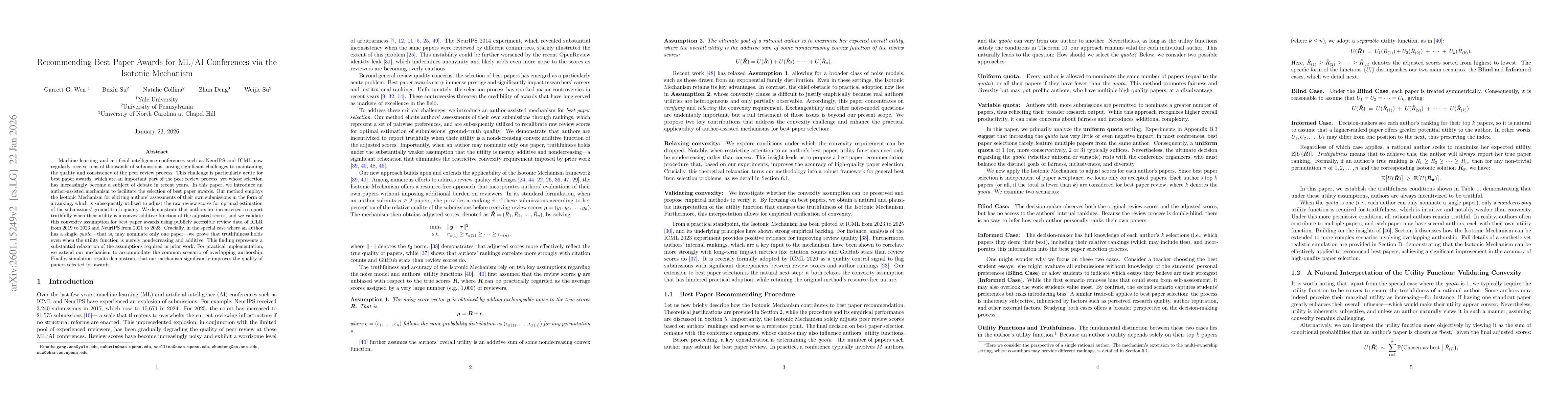 Thumbnail for Recommending Best Paper Awards for ML/AI Conferences via the Isotonic Mechanism