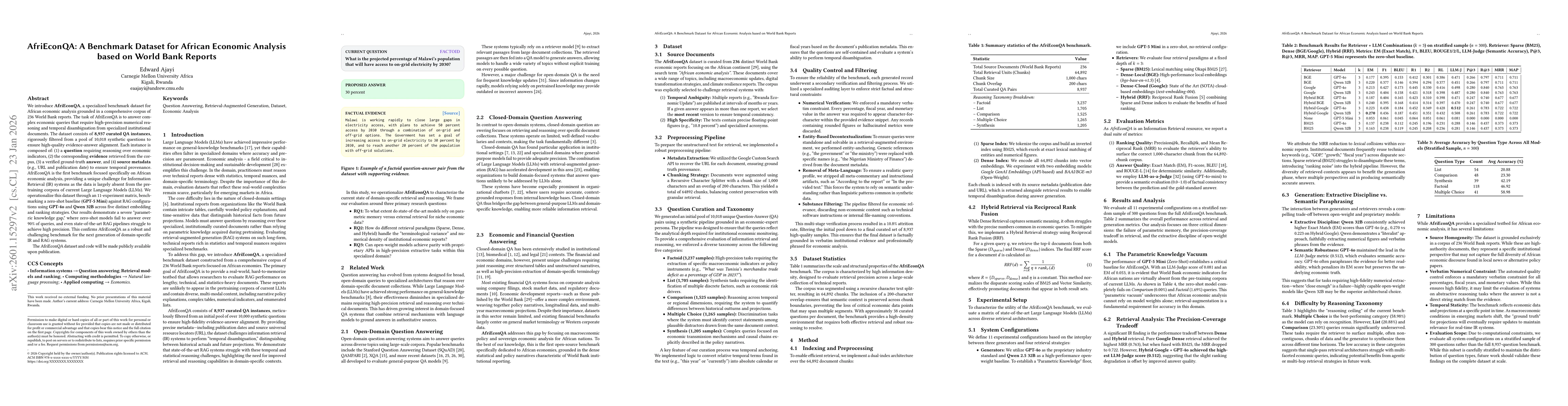 Thumbnail for AfriEconQA: A Benchmark Dataset for African Economic Analysis based on World Bank Reports