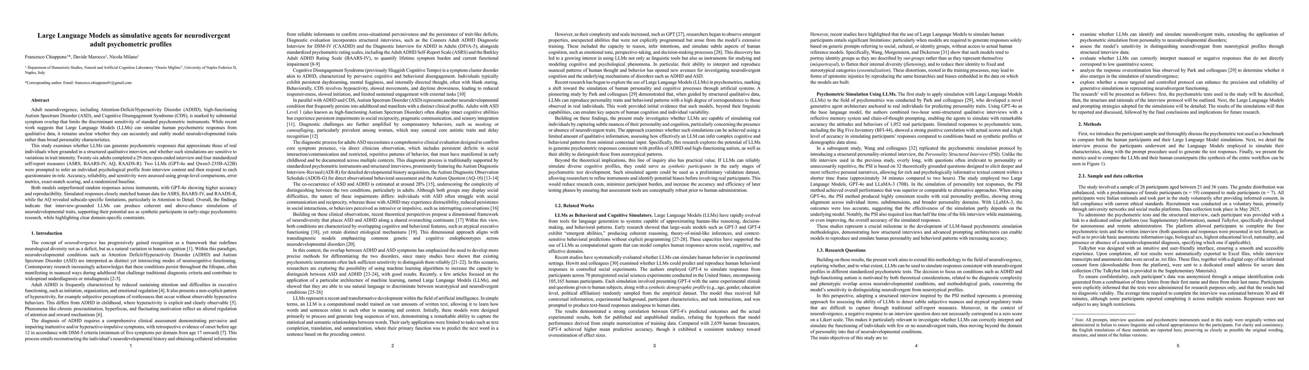 Thumbnail for Large Language Models as Simulative Agents for Neurodivergent Adult Psychometric Profiles