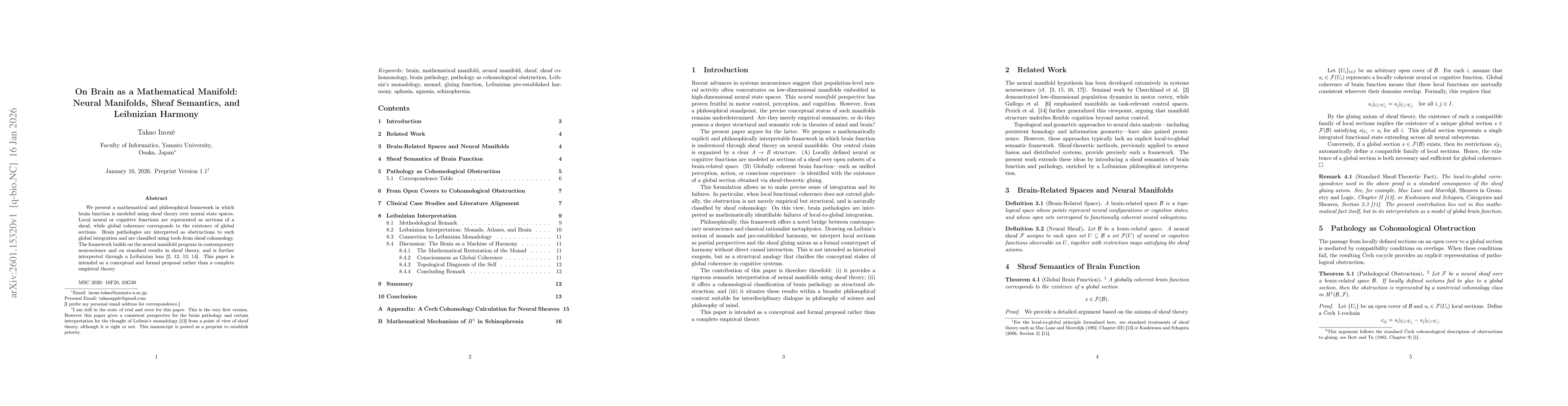 Thumbnail for On Brain as a Mathematical Manifold: Neural Manifolds, Sheaf Semantics, and Leibnizian Harmony