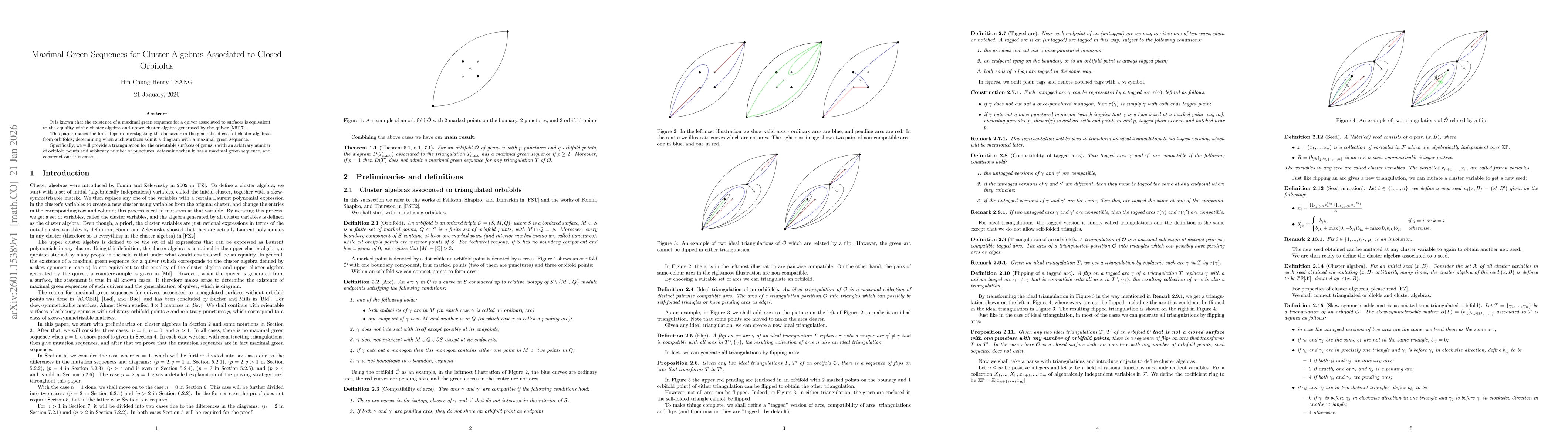 Thumbnail for Maximal Green Sequences for Cluster Algebras Associated to Closed Orbifolds