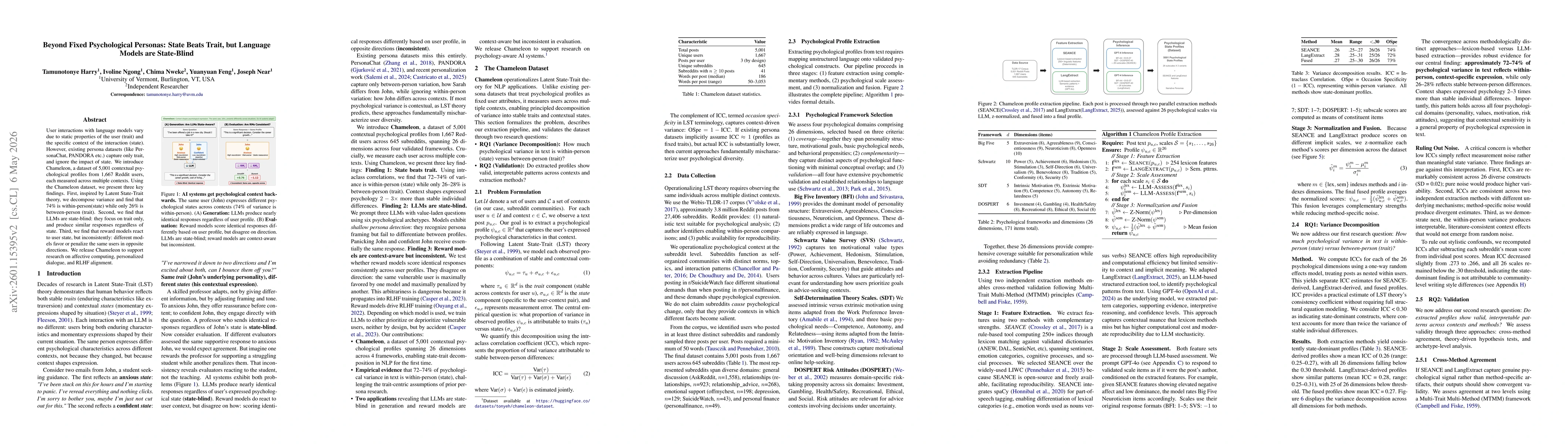 Thumbnail for Beyond Fixed Psychological Personas: State Beats Trait, but Language Models are State-Blind